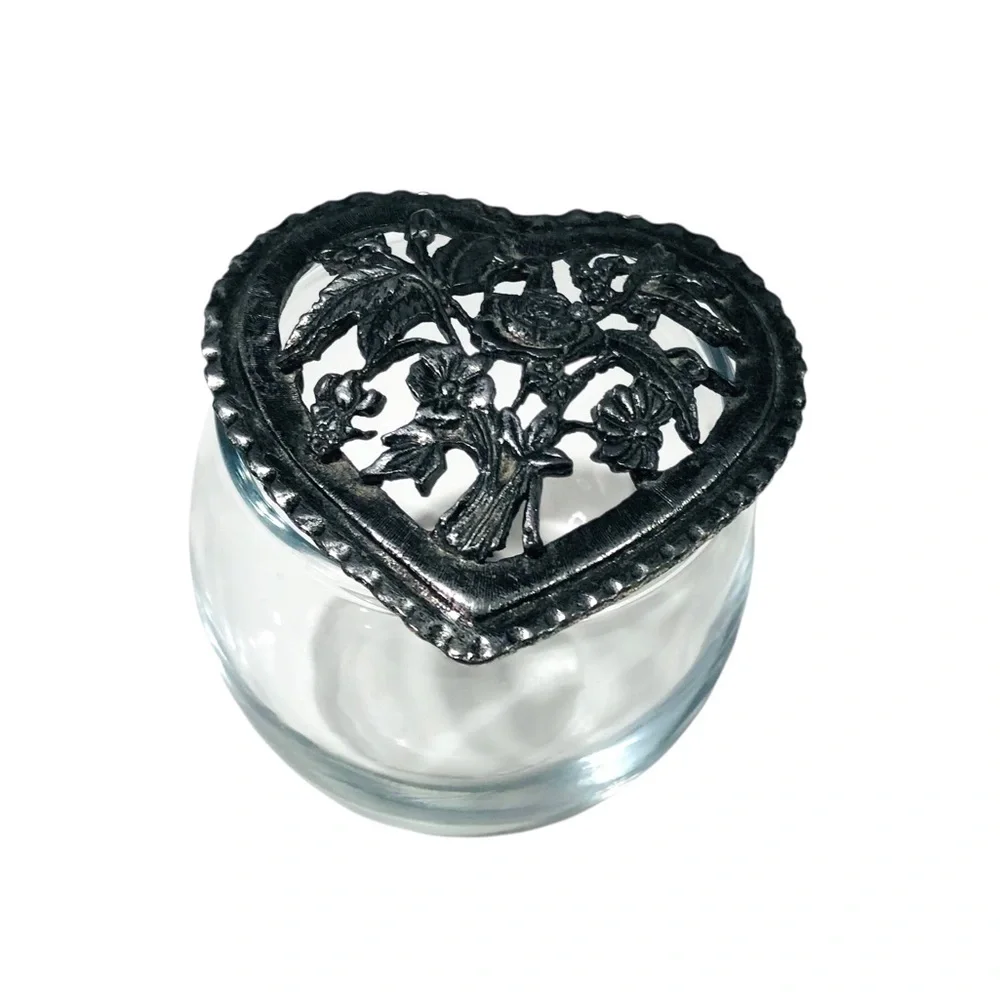Vintage Pewter Glass Rose Heart Trinket Jar Jewelry Dish Goth Gothic Whimsigoth
